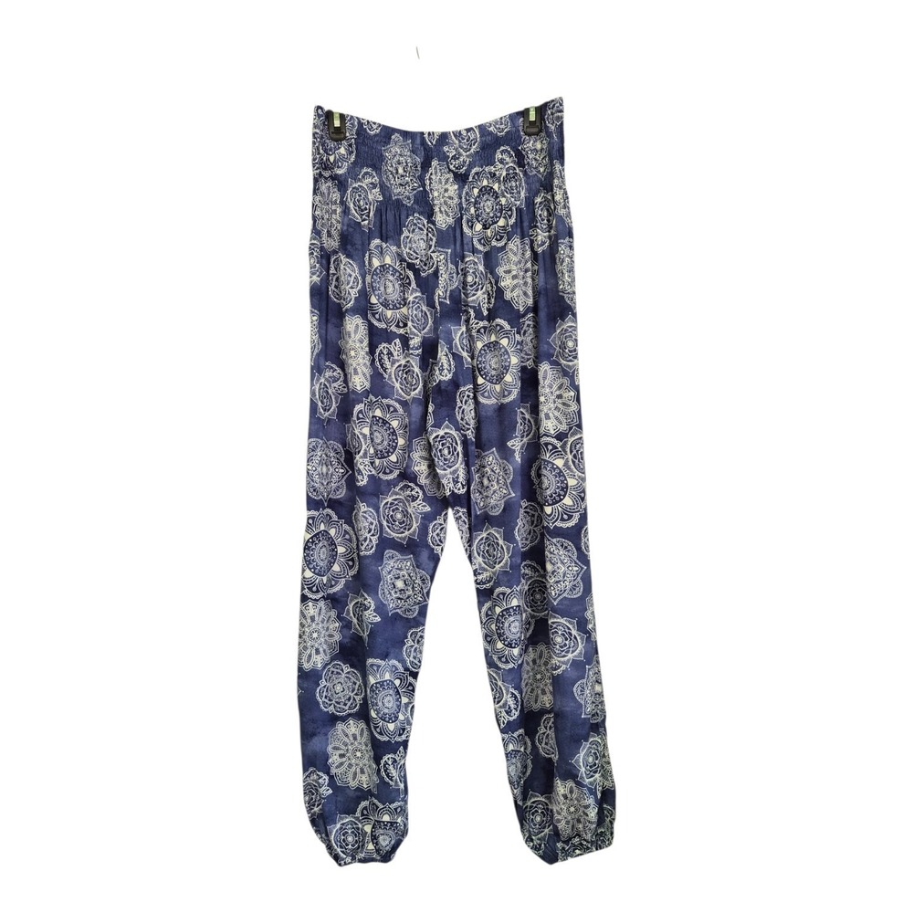 Lotus and Luna L/XL Blue Mandala Harem Pants Boho Yoga Festival Rayon Jogger